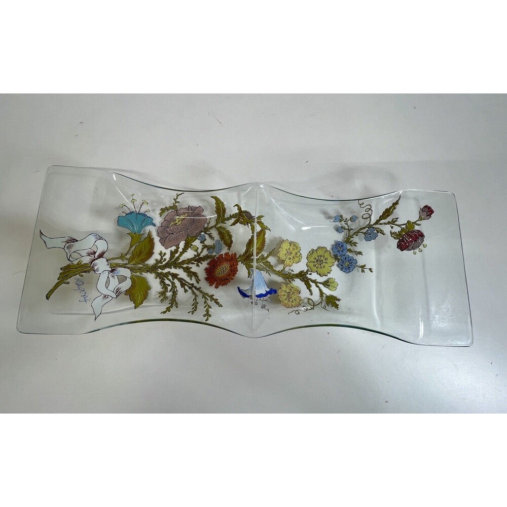 Vintage Dorothy Thorpe Signed Divided Floral Medium Glass Serving Tray MCM‎